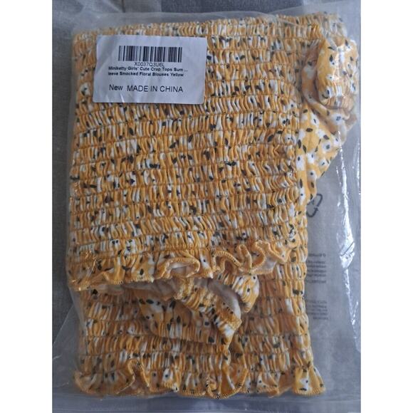 Girls' Summer Cute Crop Tops‎ Sleeve Smocked Floral Blouse Yellow Size S - Picture 6 of 9
